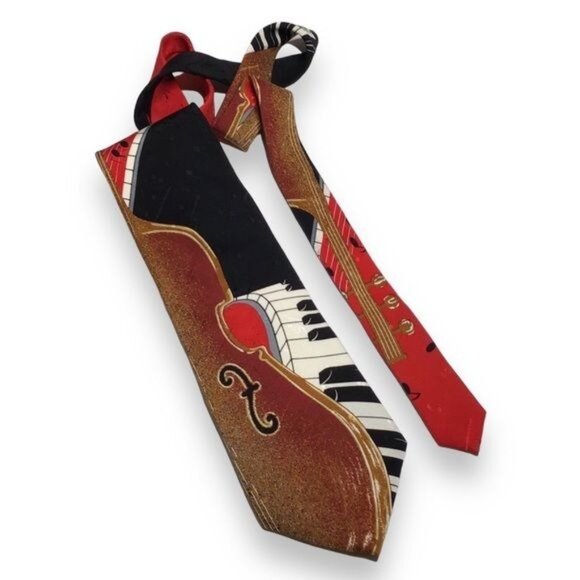 Je Suis Vintage Mens Novelty Jazz Violin & Keyboard Necktie , 100% Silk, 4”x59” - Picture 1 of 4